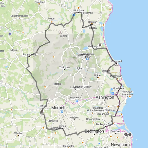 Map miniature of "Coastal Charms: Hadston to Cresswell" cycling inspiration in Northumberland and Tyne and Wear, United Kingdom. Generated by Tarmacs.app cycling route planner