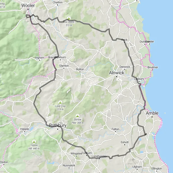 Map miniature of "Northumberland Challenge" cycling inspiration in Northumberland and Tyne and Wear, United Kingdom. Generated by Tarmacs.app cycling route planner
