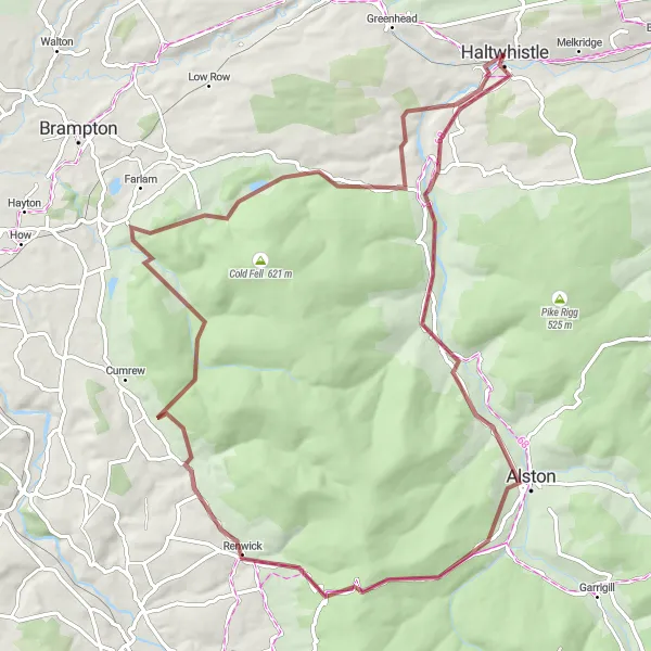 Map miniature of "Haltwhistle to Alston Gravel Ride" cycling inspiration in Northumberland and Tyne and Wear, United Kingdom. Generated by Tarmacs.app cycling route planner