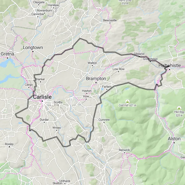 Map miniature of "Coanwood and Castles" cycling inspiration in Northumberland and Tyne and Wear, United Kingdom. Generated by Tarmacs.app cycling route planner