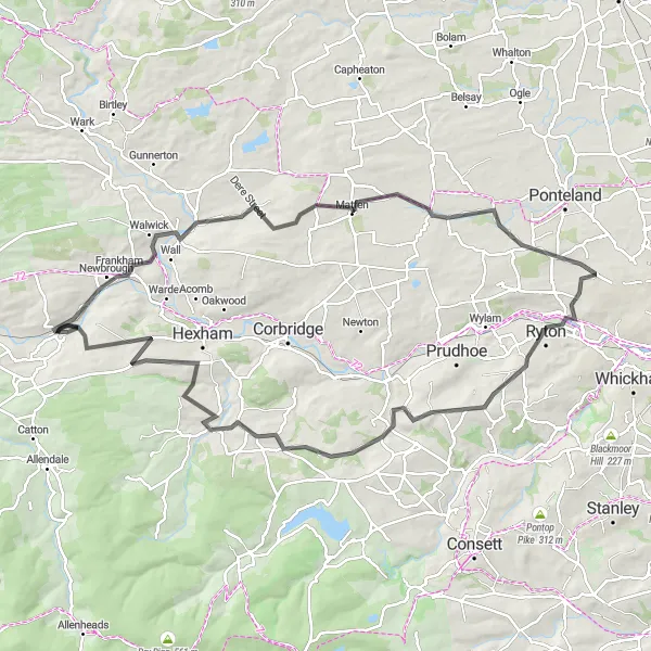 Map miniature of "The Hadrian's Wall Loop" cycling inspiration in Northumberland and Tyne and Wear, United Kingdom. Generated by Tarmacs.app cycling route planner