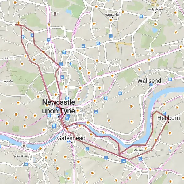 Map miniature of "Scenic Gravel Loop to Felling" cycling inspiration in Northumberland and Tyne and Wear, United Kingdom. Generated by Tarmacs.app cycling route planner