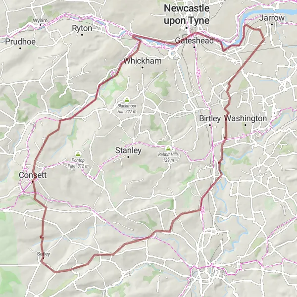 Map miniature of "Gravel Adventure to Newcastle" cycling inspiration in Northumberland and Tyne and Wear, United Kingdom. Generated by Tarmacs.app cycling route planner