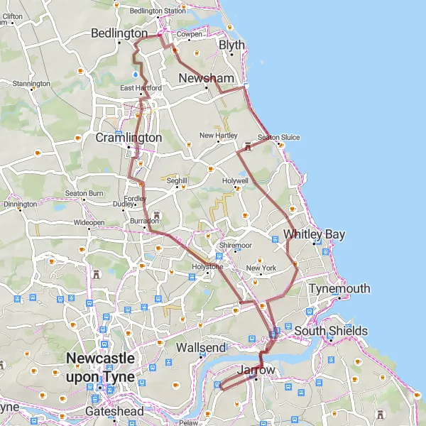 Map miniature of "Journey through Coastal Landscapes" cycling inspiration in Northumberland and Tyne and Wear, United Kingdom. Generated by Tarmacs.app cycling route planner