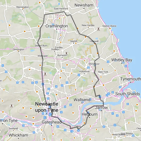 Map miniature of "Discovering the Treasures of Northumberlandia" cycling inspiration in Northumberland and Tyne and Wear, United Kingdom. Generated by Tarmacs.app cycling route planner