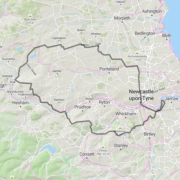 Map miniature of "Hebburn Circular Road Trip" cycling inspiration in Northumberland and Tyne and Wear, United Kingdom. Generated by Tarmacs.app cycling route planner