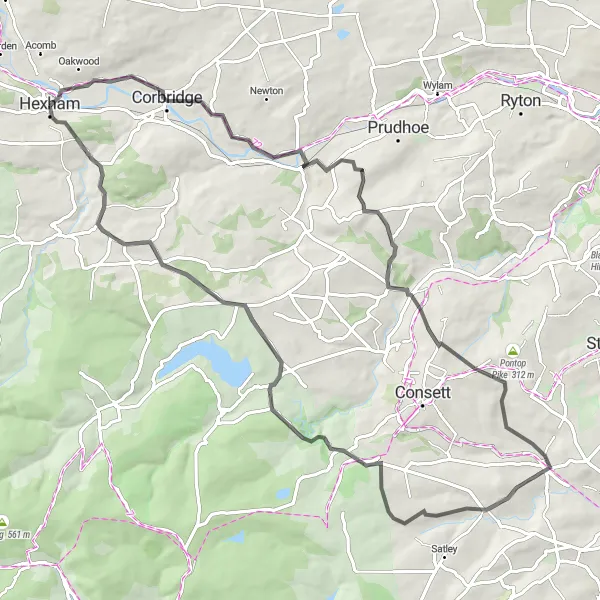 Map miniature of "Corbridge and Leadgate Loop" cycling inspiration in Northumberland and Tyne and Wear, United Kingdom. Generated by Tarmacs.app cycling route planner