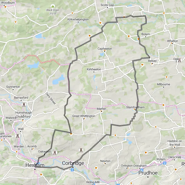 Map miniature of "Hexham to Corbridge Ride" cycling inspiration in Northumberland and Tyne and Wear, United Kingdom. Generated by Tarmacs.app cycling route planner
