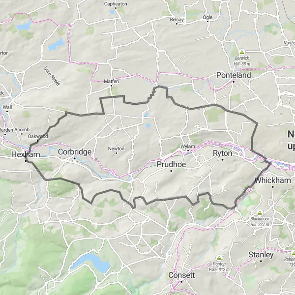 Map miniature of "Hexham to Broomley Round-trip" cycling inspiration in Northumberland and Tyne and Wear, United Kingdom. Generated by Tarmacs.app cycling route planner