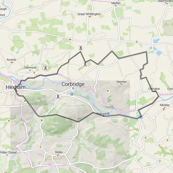 Map miniature of "Hexham Moot Hall Loop" cycling inspiration in Northumberland and Tyne and Wear, United Kingdom. Generated by Tarmacs.app cycling route planner
