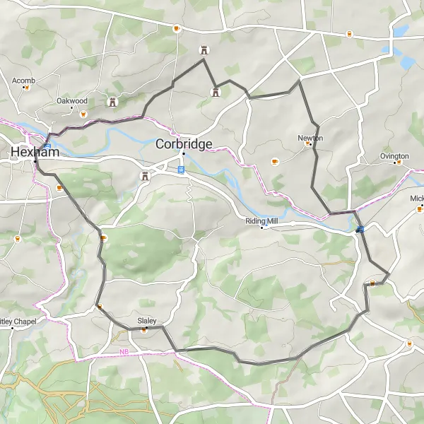 Map miniature of "Hexham Circular Route" cycling inspiration in Northumberland and Tyne and Wear, United Kingdom. Generated by Tarmacs.app cycling route planner