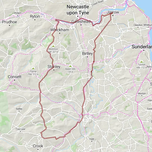 Map miniature of "Jarrow and County Durham Gravel Loop" cycling inspiration in Northumberland and Tyne and Wear, United Kingdom. Generated by Tarmacs.app cycling route planner