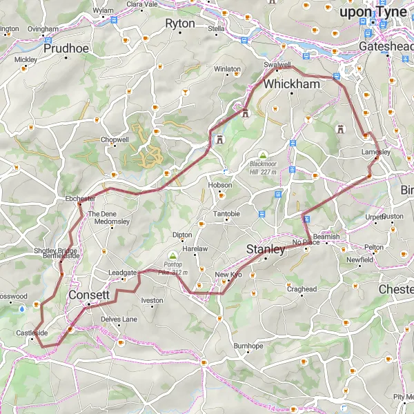 Map miniature of "Lamesley Epic Gravel Circuit" cycling inspiration in Northumberland and Tyne and Wear, United Kingdom. Generated by Tarmacs.app cycling route planner