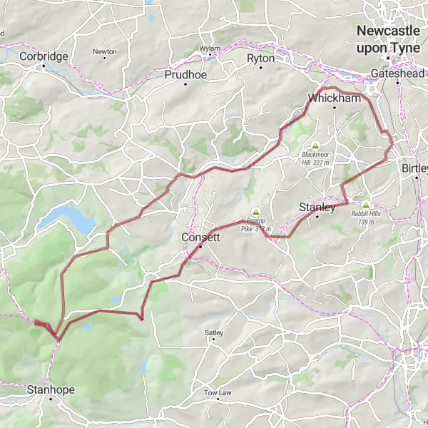 Map miniature of "Lamesley to Stanley and Rowlands Gill" cycling inspiration in Northumberland and Tyne and Wear, United Kingdom. Generated by Tarmacs.app cycling route planner