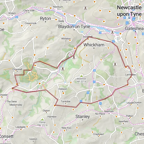 Map miniature of "Gravel Adventure through Lamesley" cycling inspiration in Northumberland and Tyne and Wear, United Kingdom. Generated by Tarmacs.app cycling route planner