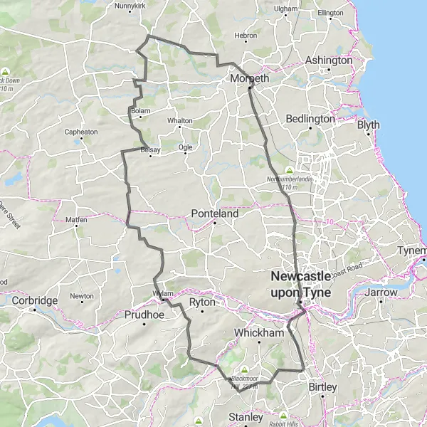 Map miniature of "Scenic Road Loop from Lamesley" cycling inspiration in Northumberland and Tyne and Wear, United Kingdom. Generated by Tarmacs.app cycling route planner