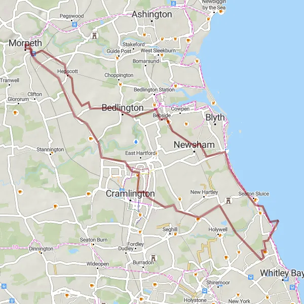 Map miniature of "Nelson Hill and Hepscott Route" cycling inspiration in Northumberland and Tyne and Wear, United Kingdom. Generated by Tarmacs.app cycling route planner