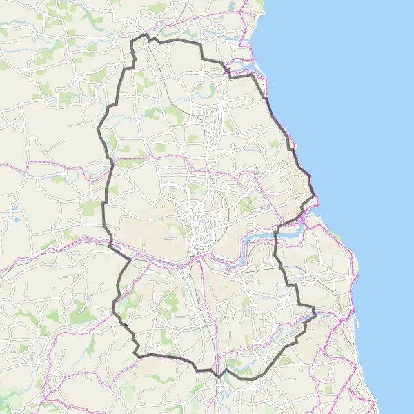 Map miniature of "Blyth to Chester-le-Street Road Cycling Adventure" cycling inspiration in Northumberland and Tyne and Wear, United Kingdom. Generated by Tarmacs.app cycling route planner