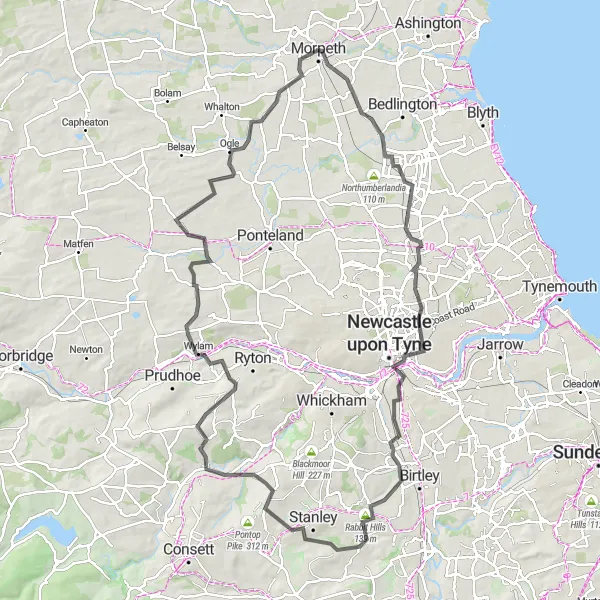 Map miniature of "Urpeth and Wylam Road Cycling Adventure" cycling inspiration in Northumberland and Tyne and Wear, United Kingdom. Generated by Tarmacs.app cycling route planner