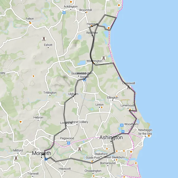 Map miniature of "Ulgham Loop" cycling inspiration in Northumberland and Tyne and Wear, United Kingdom. Generated by Tarmacs.app cycling route planner