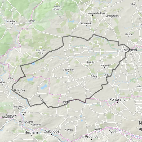 Map miniature of "Matfen Challenge" cycling inspiration in Northumberland and Tyne and Wear, United Kingdom. Generated by Tarmacs.app cycling route planner