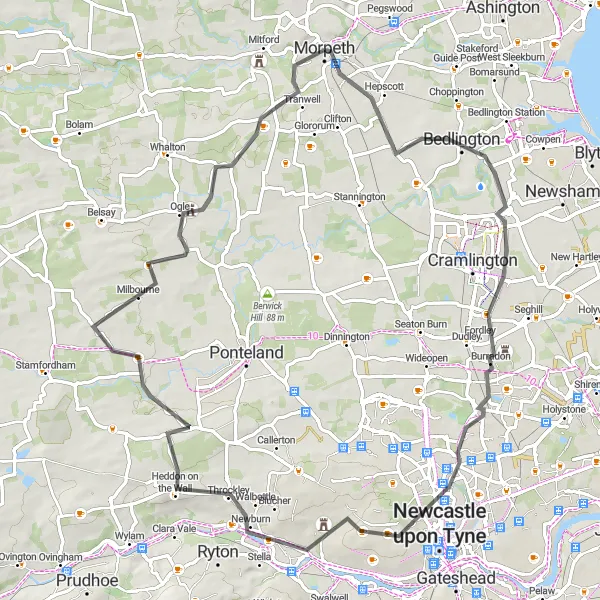Map miniature of "Northumberland Loop" cycling inspiration in Northumberland and Tyne and Wear, United Kingdom. Generated by Tarmacs.app cycling route planner