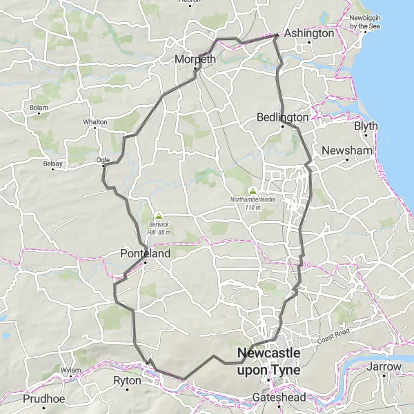 Map miniature of "Historic Route: Ponteland to Lemington" cycling inspiration in Northumberland and Tyne and Wear, United Kingdom. Generated by Tarmacs.app cycling route planner
