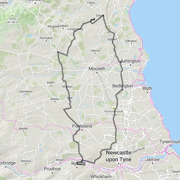 Map miniature of "Newburn to Ulgham Exploration" cycling inspiration in Northumberland and Tyne and Wear, United Kingdom. Generated by Tarmacs.app cycling route planner