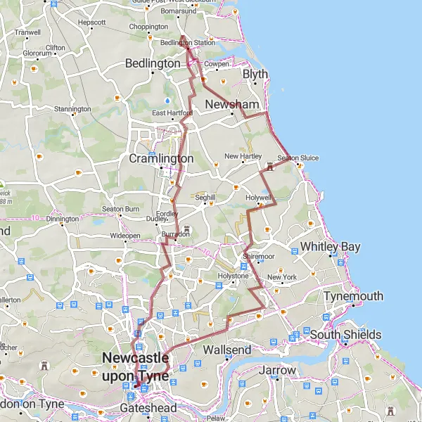 Map miniature of "Gravel Adventure" cycling inspiration in Northumberland and Tyne and Wear, United Kingdom. Generated by Tarmacs.app cycling route planner