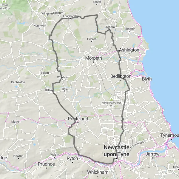 Map miniature of "Northumberland Highlights" cycling inspiration in Northumberland and Tyne and Wear, United Kingdom. Generated by Tarmacs.app cycling route planner