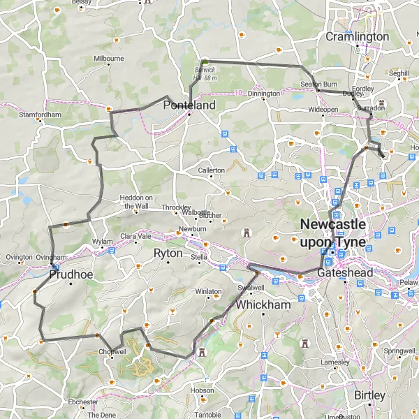 Map miniature of "Scenic North Tour" cycling inspiration in Northumberland and Tyne and Wear, United Kingdom. Generated by Tarmacs.app cycling route planner