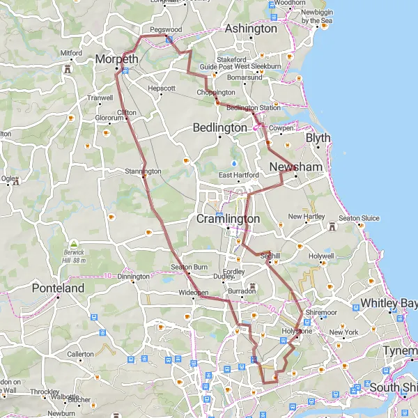 Map miniature of "Exploring Colliers Hill and Morpeth" cycling inspiration in Northumberland and Tyne and Wear, United Kingdom. Generated by Tarmacs.app cycling route planner