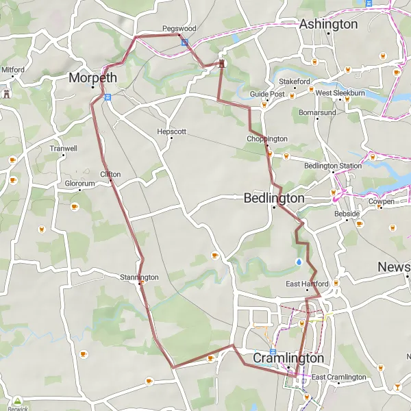 Map miniature of "Gravel Adventure to Northumberlandia" cycling inspiration in Northumberland and Tyne and Wear, United Kingdom. Generated by Tarmacs.app cycling route planner