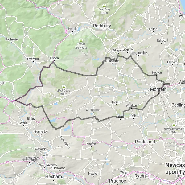 Map miniature of "Northumberland's Hidden Gems" cycling inspiration in Northumberland and Tyne and Wear, United Kingdom. Generated by Tarmacs.app cycling route planner