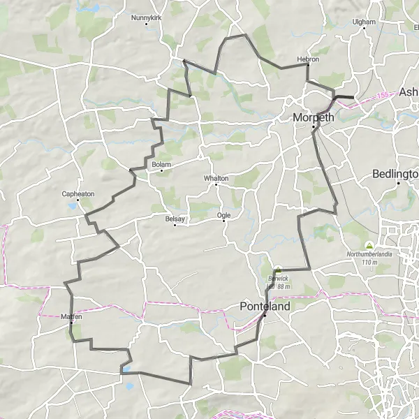Map miniature of "The Pegswood Loop" cycling inspiration in Northumberland and Tyne and Wear, United Kingdom. Generated by Tarmacs.app cycling route planner