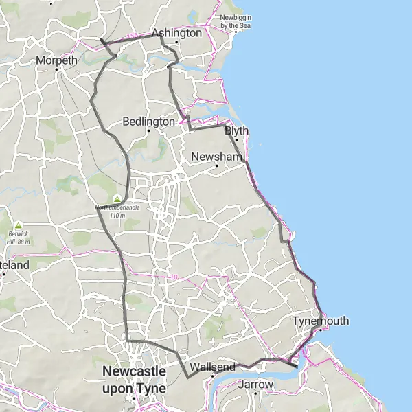 Map miniature of "The Coastal Explorer" cycling inspiration in Northumberland and Tyne and Wear, United Kingdom. Generated by Tarmacs.app cycling route planner