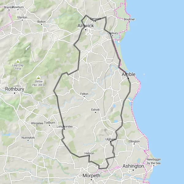 Map miniature of "The Castle Tour" cycling inspiration in Northumberland and Tyne and Wear, United Kingdom. Generated by Tarmacs.app cycling route planner