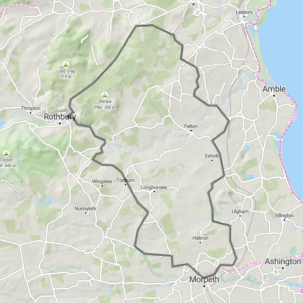 Map miniature of "The Hill Climber" cycling inspiration in Northumberland and Tyne and Wear, United Kingdom. Generated by Tarmacs.app cycling route planner