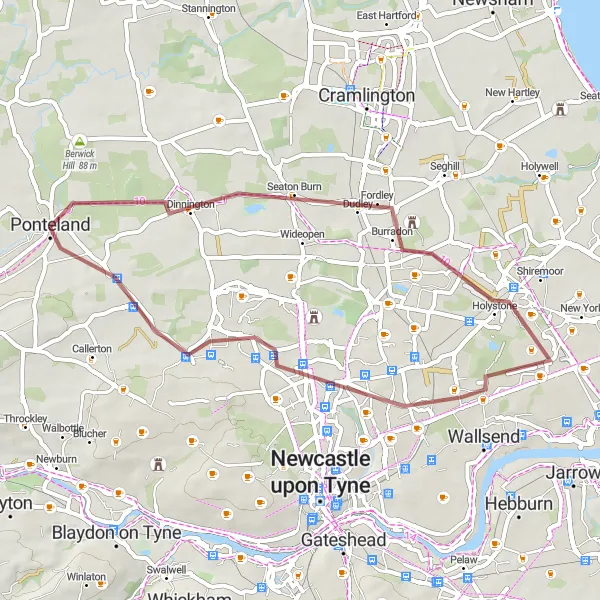 Map miniature of "Gravel Adventure through Newcastle" cycling inspiration in Northumberland and Tyne and Wear, United Kingdom. Generated by Tarmacs.app cycling route planner