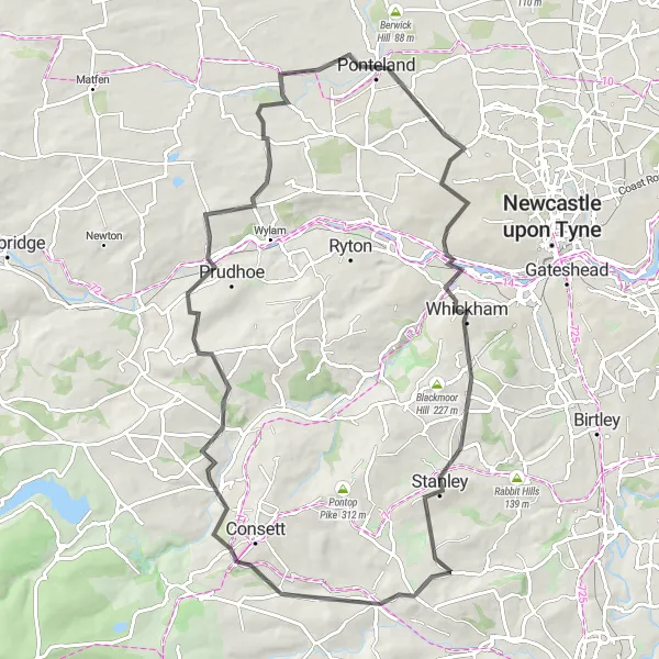 Map miniature of "Ponteland to Whickham Loop" cycling inspiration in Northumberland and Tyne and Wear, United Kingdom. Generated by Tarmacs.app cycling route planner