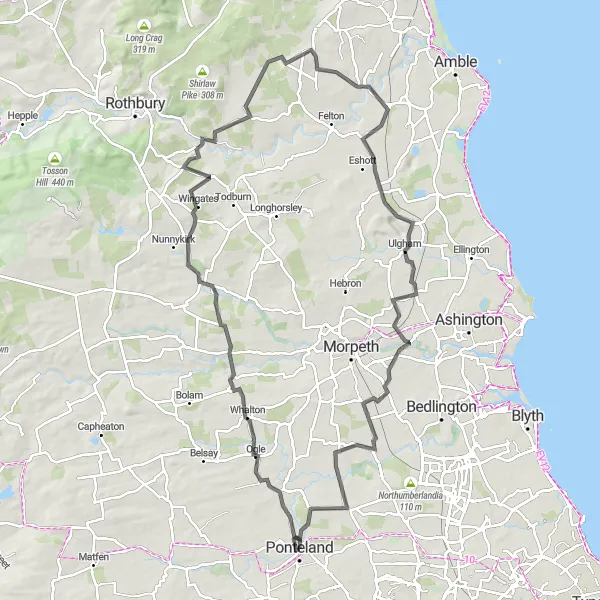 Map miniature of "Northumberland Challenge" cycling inspiration in Northumberland and Tyne and Wear, United Kingdom. Generated by Tarmacs.app cycling route planner