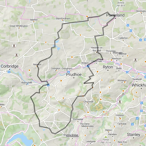 Map miniature of "Scenic Loop through Tyne Valley" cycling inspiration in Northumberland and Tyne and Wear, United Kingdom. Generated by Tarmacs.app cycling route planner