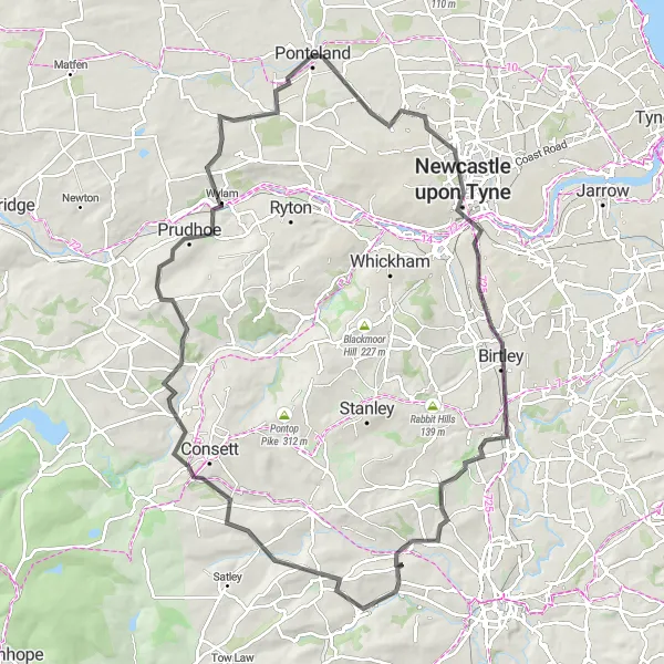 Map miniature of "Ultimate Northumberland and Tyne Valley Challenge" cycling inspiration in Northumberland and Tyne and Wear, United Kingdom. Generated by Tarmacs.app cycling route planner