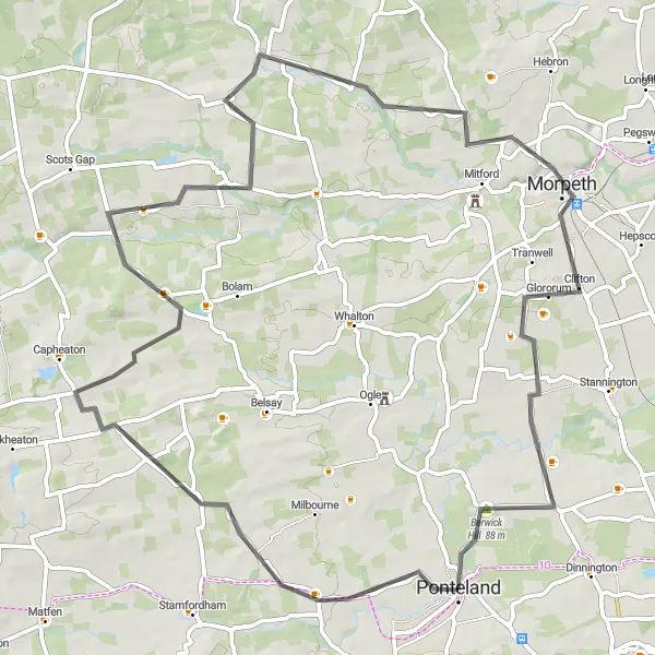 Map miniature of "Ponteland and Morpeth Loop" cycling inspiration in Northumberland and Tyne and Wear, United Kingdom. Generated by Tarmacs.app cycling route planner