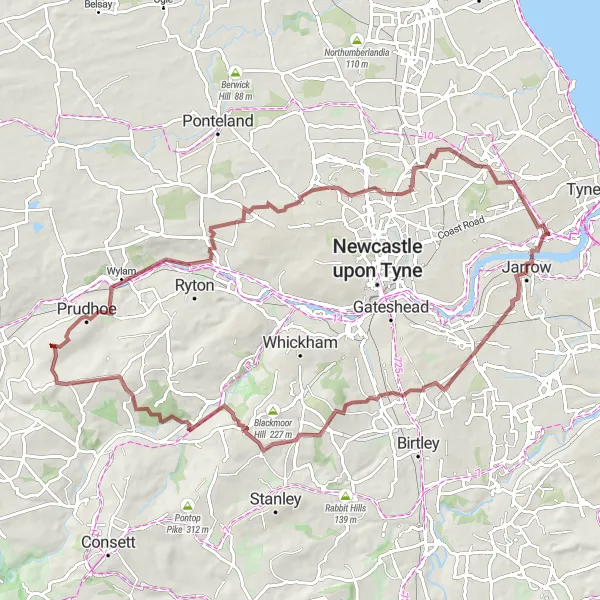 Map miniature of "Wylam Gravel Adventure" cycling inspiration in Northumberland and Tyne and Wear, United Kingdom. Generated by Tarmacs.app cycling route planner