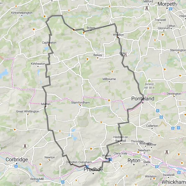 Map miniature of "Matfen and Ogle Road Ride" cycling inspiration in Northumberland and Tyne and Wear, United Kingdom. Generated by Tarmacs.app cycling route planner