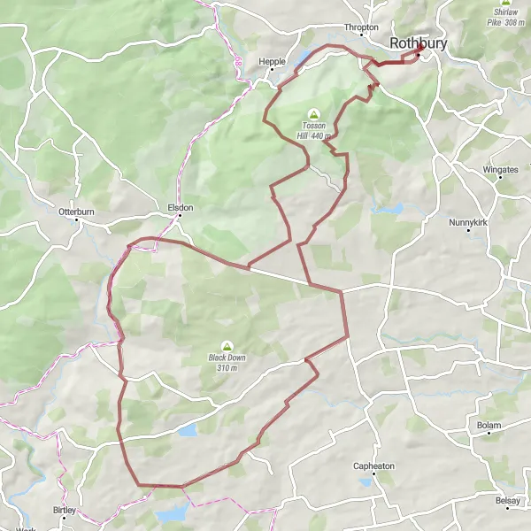 Map miniature of "Simonside and Tosson Circular Gravel Route" cycling inspiration in Northumberland and Tyne and Wear, United Kingdom. Generated by Tarmacs.app cycling route planner