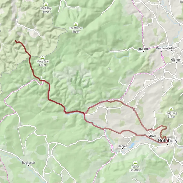 Map miniature of "Rothbury Gravel Adventure" cycling inspiration in Northumberland and Tyne and Wear, United Kingdom. Generated by Tarmacs.app cycling route planner