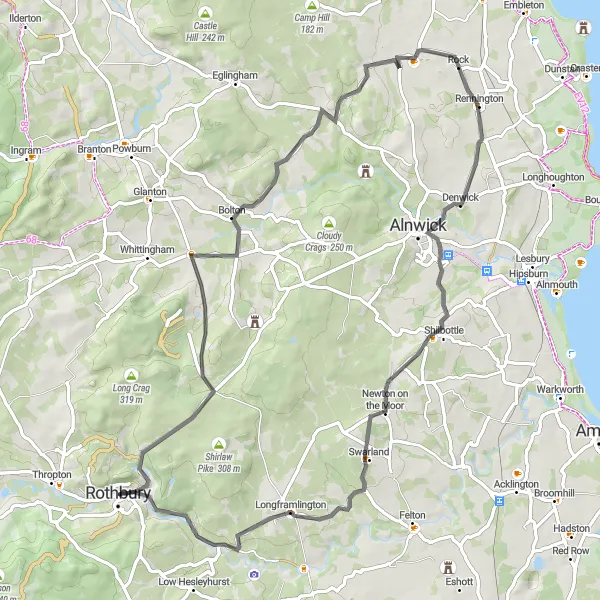 Map miniature of "Historic Castles and Countryside Road Cycling Route" cycling inspiration in Northumberland and Tyne and Wear, United Kingdom. Generated by Tarmacs.app cycling route planner