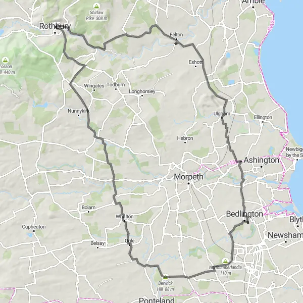 Map miniature of "Northumberland and Tyne Valley Delight" cycling inspiration in Northumberland and Tyne and Wear, United Kingdom. Generated by Tarmacs.app cycling route planner